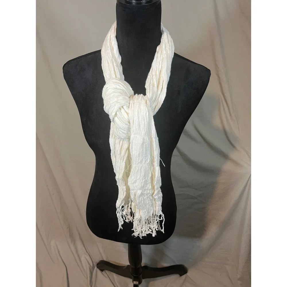 Unbranded Ivory Crinkle Gauze Lightweight Fringe‎ Scarf Off White Boho Accessory
